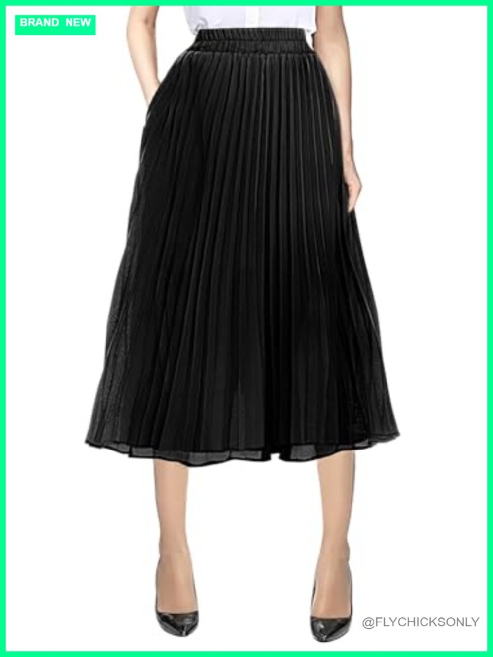 Chiffon A-Line Midi Skirt with Pockets Pleated Elastic Waist High Rise